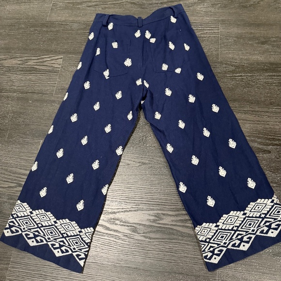 Zara Pants L Navy Blue Cream Linen Blend Embroidered Wide Leg Crop Boho Trousers - Picture 2 of 5